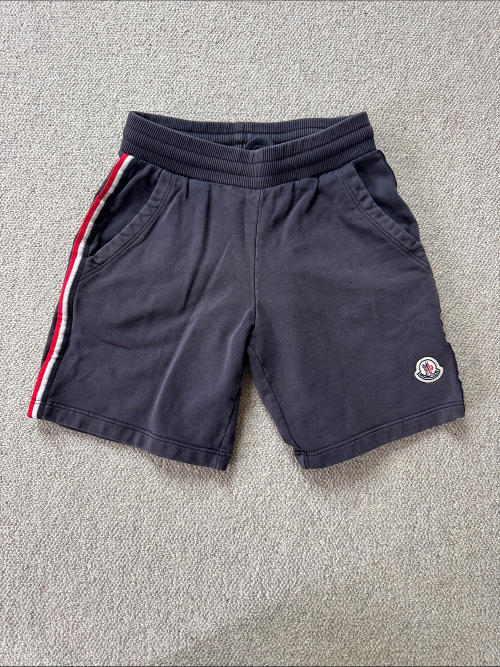 Moncler Navy Shorts with Red and White Side Stripe